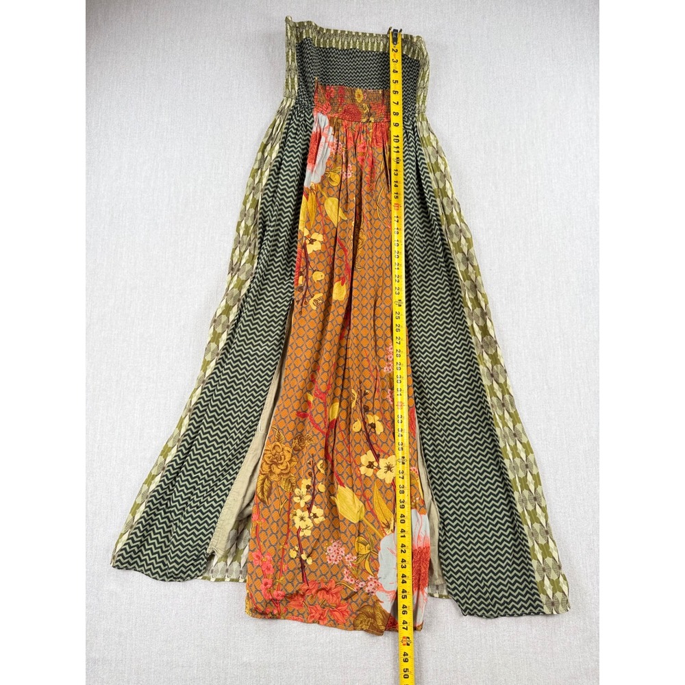 Artha Bansal Mixed Print Smocked Strapless Maxi Dress Olive Orange Floral Small